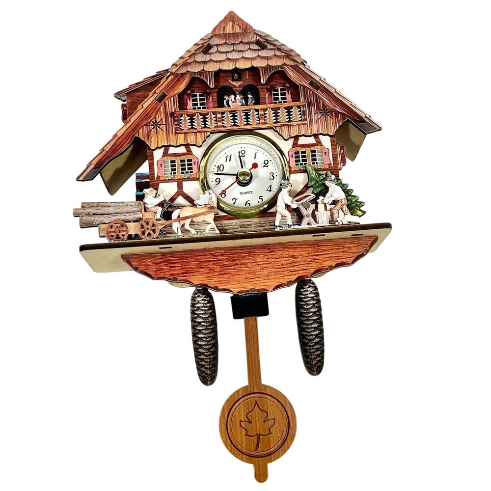 Miniature Wooden Quartz Cuckoo Clock Germany Lumberjack Horse Cart Chalet